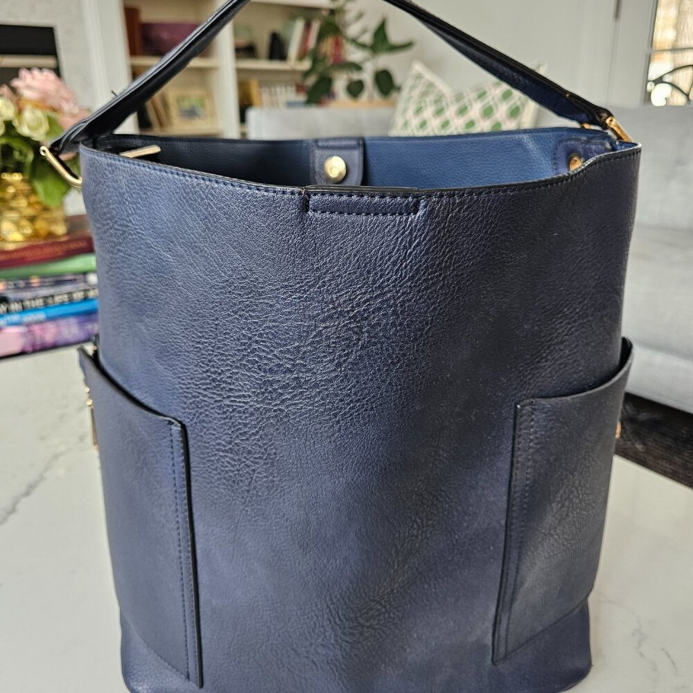 Navy blue faux leather bucket bag